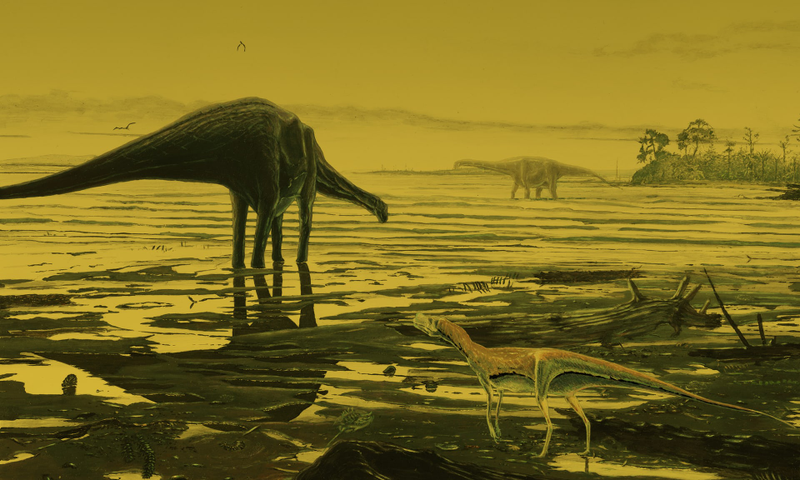 Artistâs impression of four-legged sauropods and a bipedal theropod wading in a Jurassic-era Scottish lagoon.